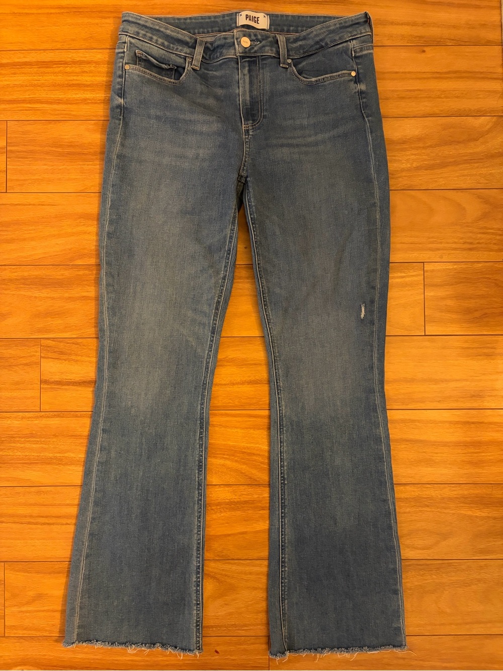 PAIGE Mid Rise Blue Flare Jeans with Frayed Hem